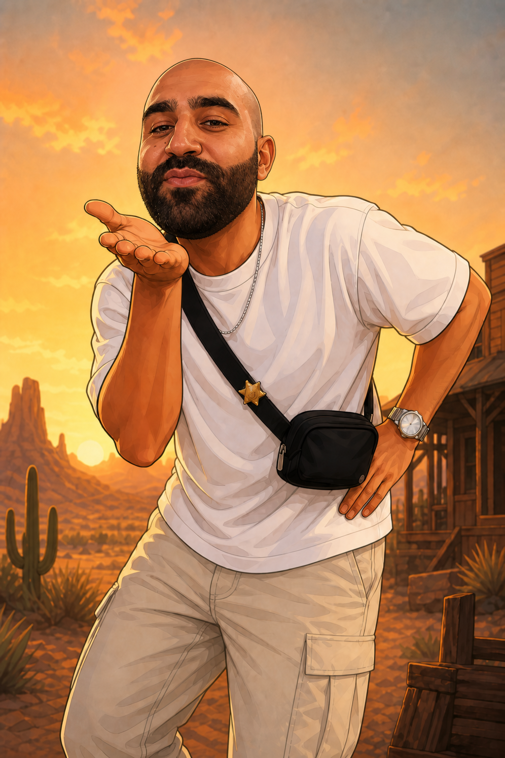 Cartoon Mustafa blowing a kiss