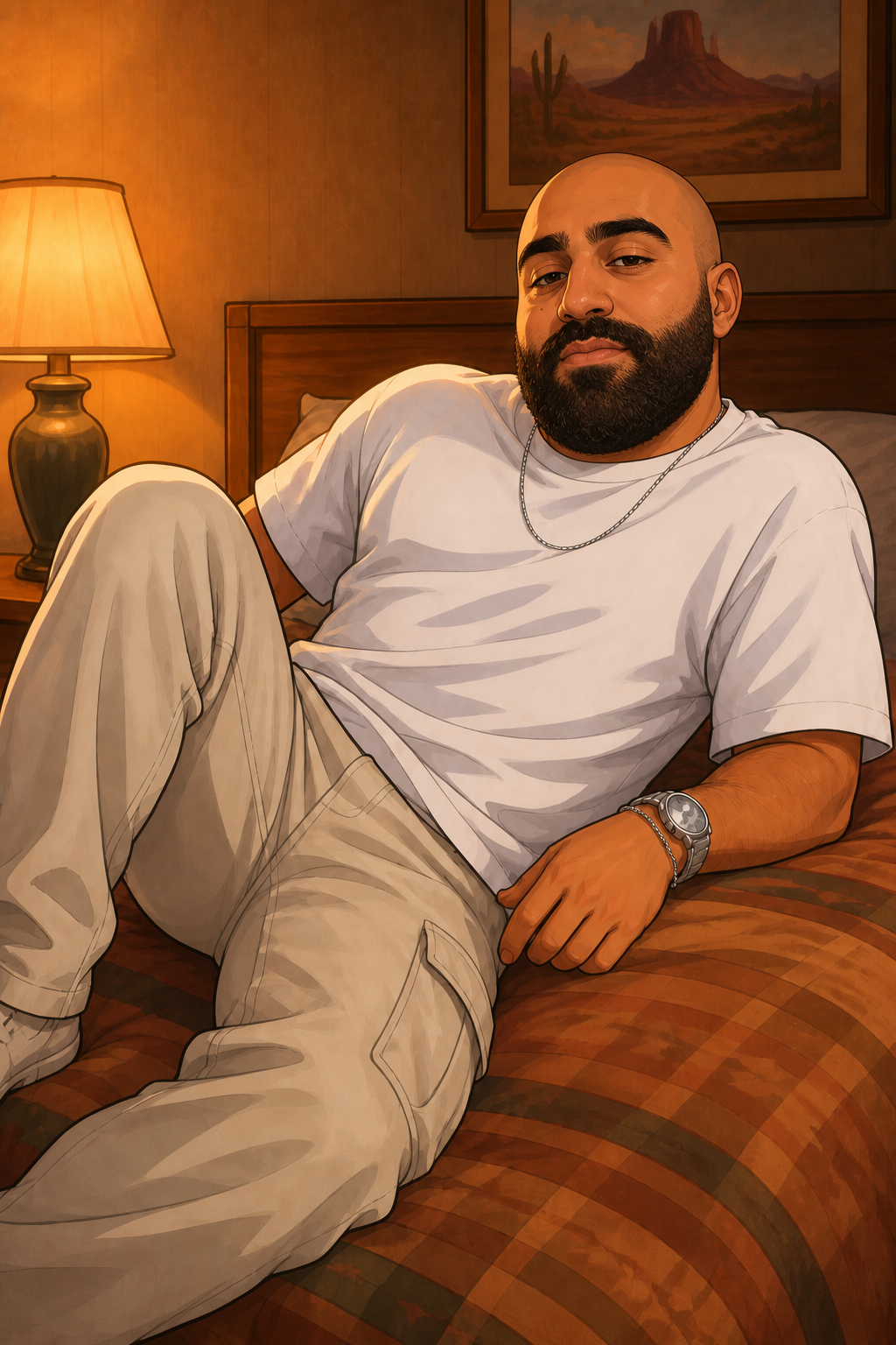 Mustafa lounging on a bed